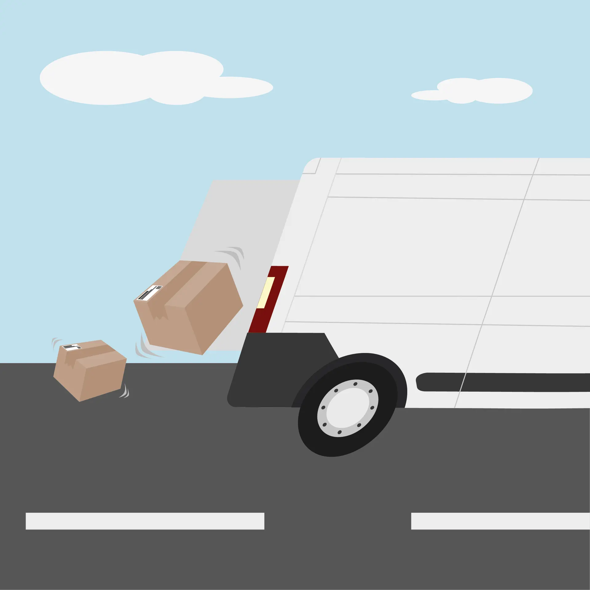 Paket fällt aus einem Lieferfahrzeug auf die Straße