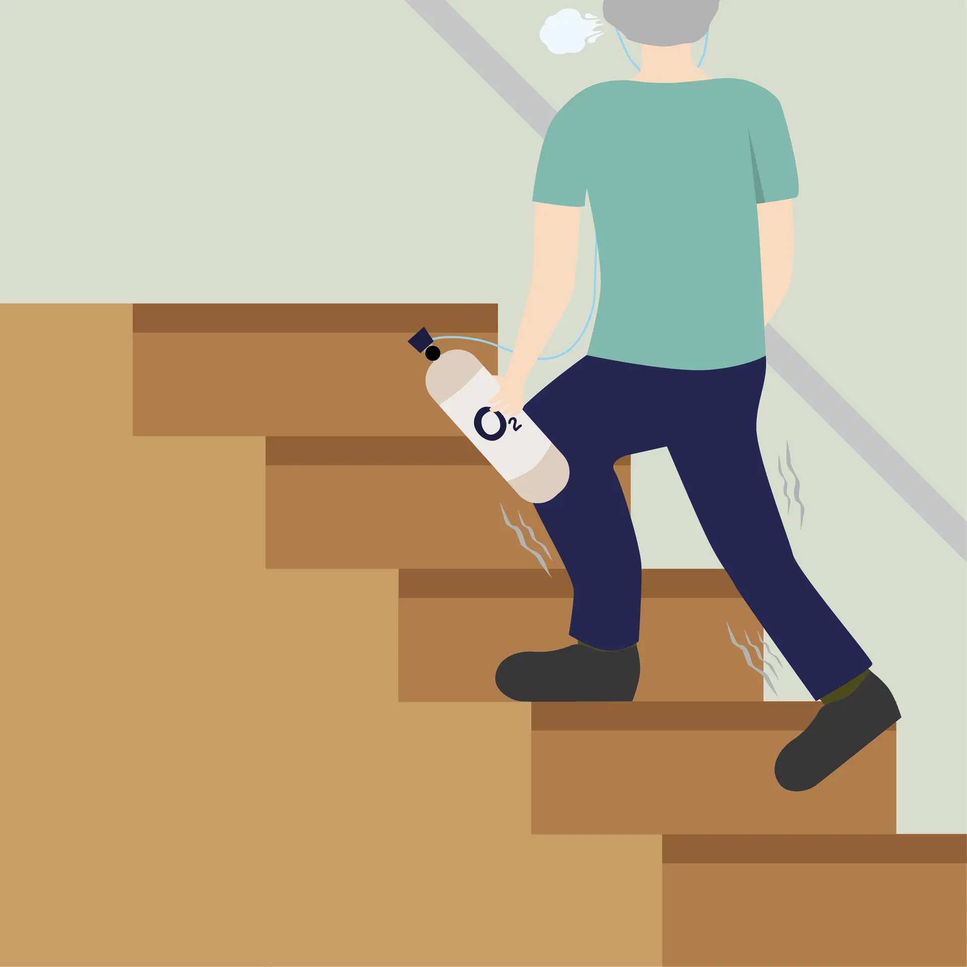 Person trägt eine schwere Sauerstoffflasche beim Treppensteigen