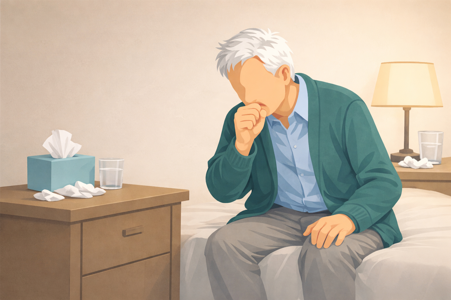 Typische COPD-Symptome wie chronischen Husten erkennen Illustration eines Mannes mit Hustenreiz – eines der Hauptsymptome der chronisch obstruktiven Lungenerkrankung (COPD).