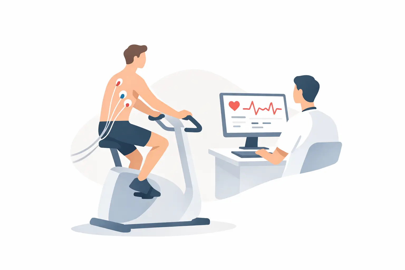 Patient bei einem Belastungstest (Ergometrie) zur Feststellung von Belastungsdyspnoe.