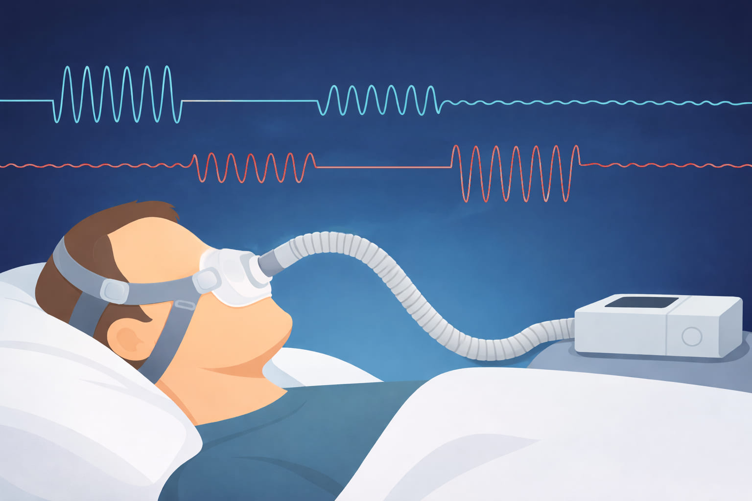 Wie Adaptive Servo-Ventilation Ihre Atmung nachts aktiv unterstützt Schematische Darstellung der automatischen Druckanpassung an das individuelle Atemvolumen in Echtzeit.