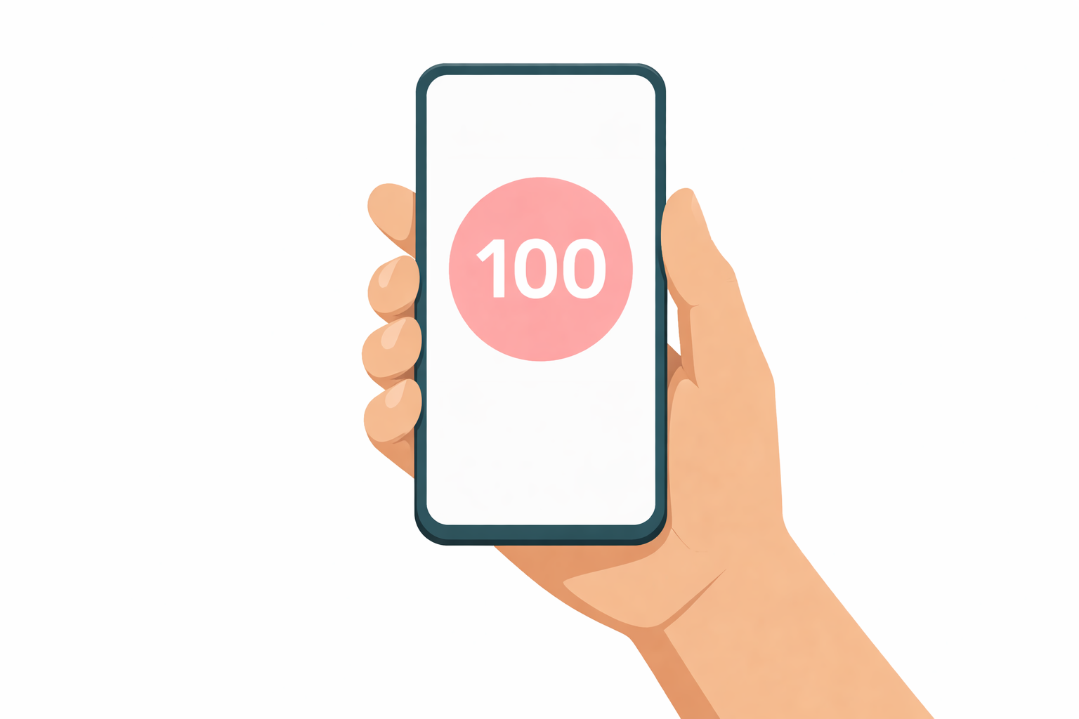 Hand hält Smartphone mit Anzeige des Werts 100 auf dem Display Messwert auf dem Smartphone anzeigen