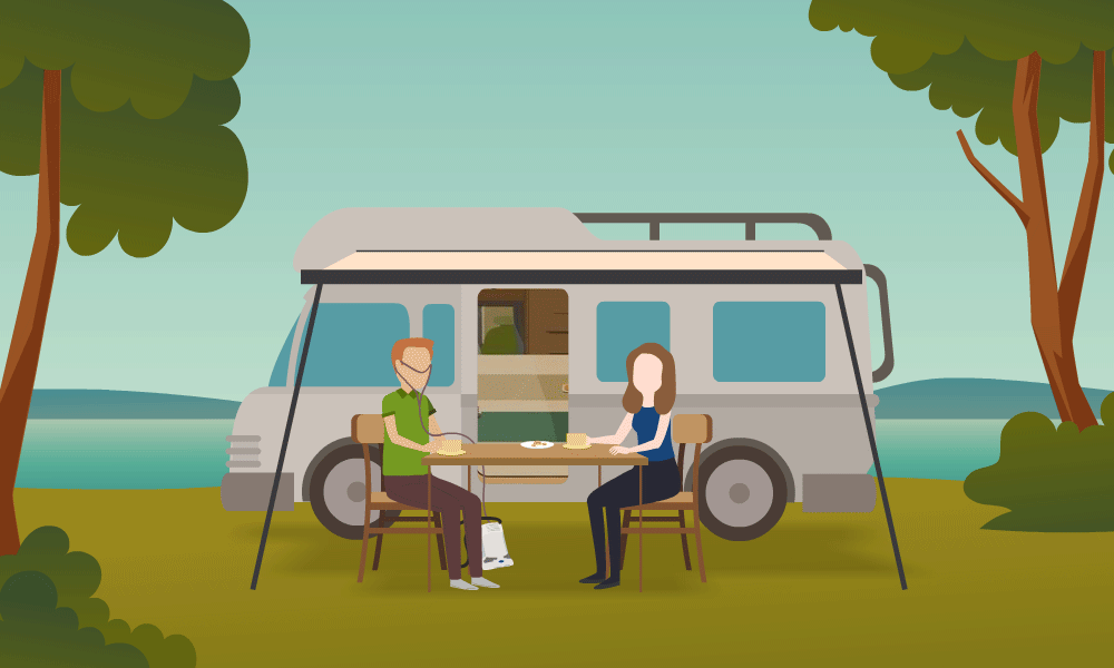 Urlaubsversorgung beim Camping: Ein Paar sitzt entspannt vor dem Wohnmobil am See, der Mann nutzt ein mobiles Sauerstoffgerät.