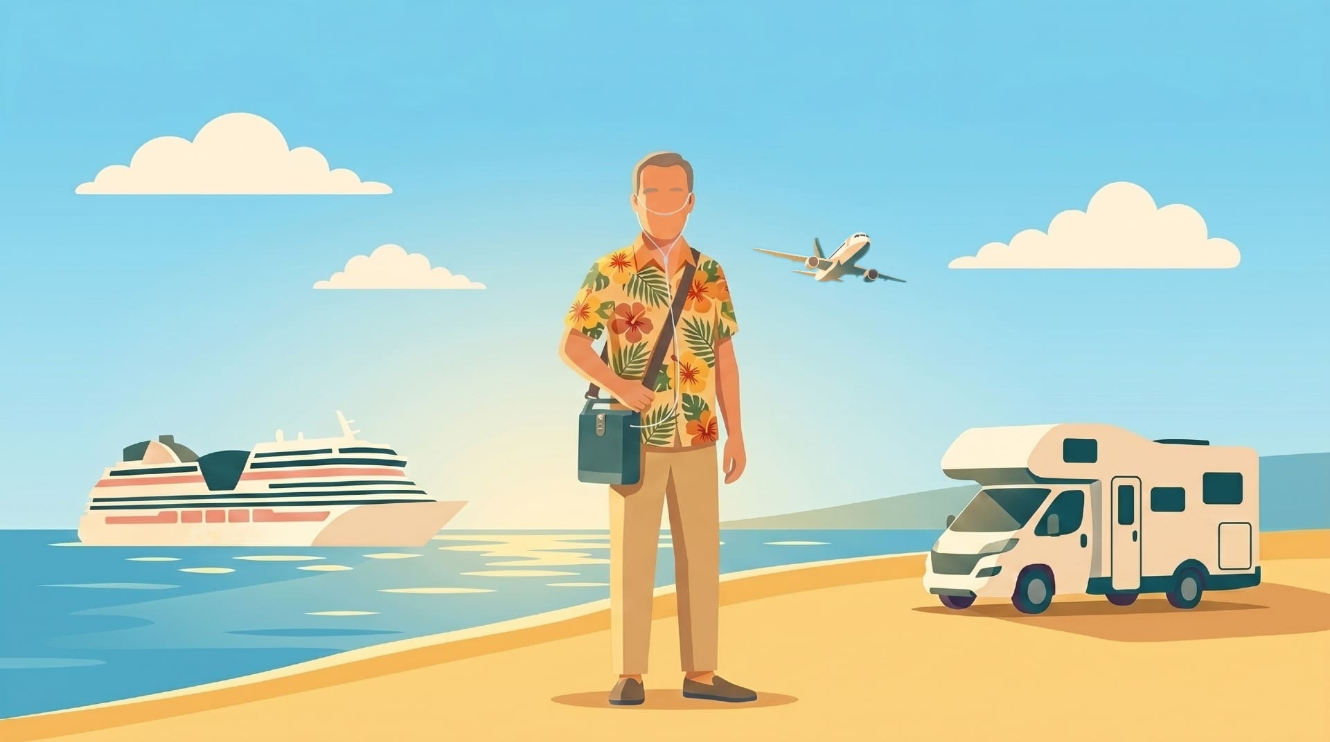 Ein lächelnder Mann im Hawaii-Hemd mit mobilem Sauerstoffgerät am sonnigen Strand, im Hintergrund ein Kreuzfahrtschiff, ein Wohnmobil und ein Flugzeug.