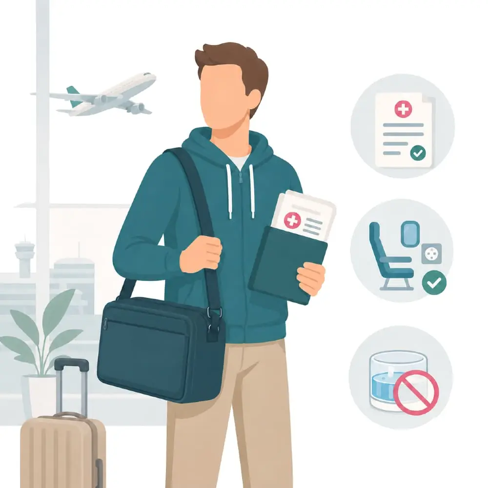 Flugreisen mit Schlaftherapie: CPAP-Gerät im Handgepäck Reisender am Flughafen mit Gerätetasche und medizinischen Unterlagen für die Schlaftherapie