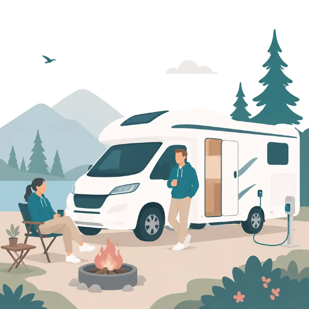 Camping und Wohnmobil mit Schlaftherapie: Stromversorgung planen Wohnmobil auf einem Campingplatz am See mit angeschlossener Stromversorgung