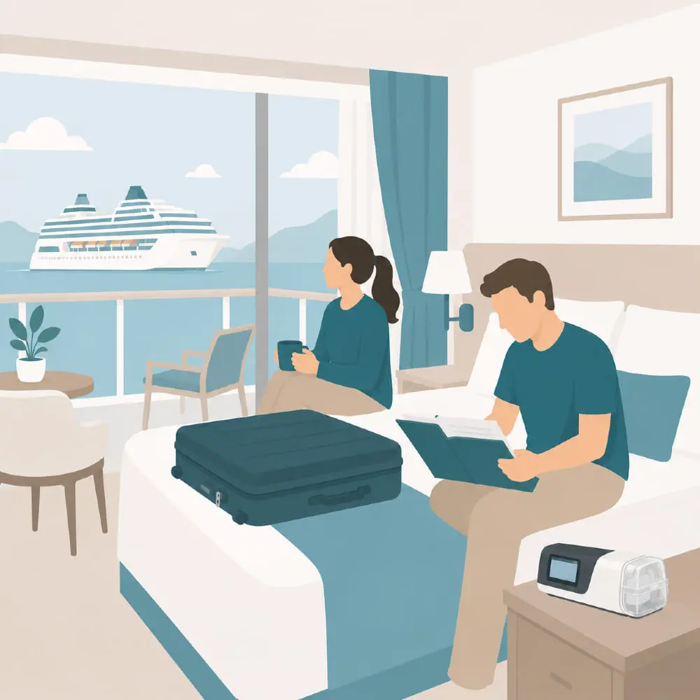 Kreuzfahrt mit Schlaftherapie: CPAP-Gerät sicher nutzen Innenansicht einer Kreuzfahrtkabine: Koffer auf dem Bett, CPAP-Gerät auf dem Nachttisch, Paar im Hintergrund.